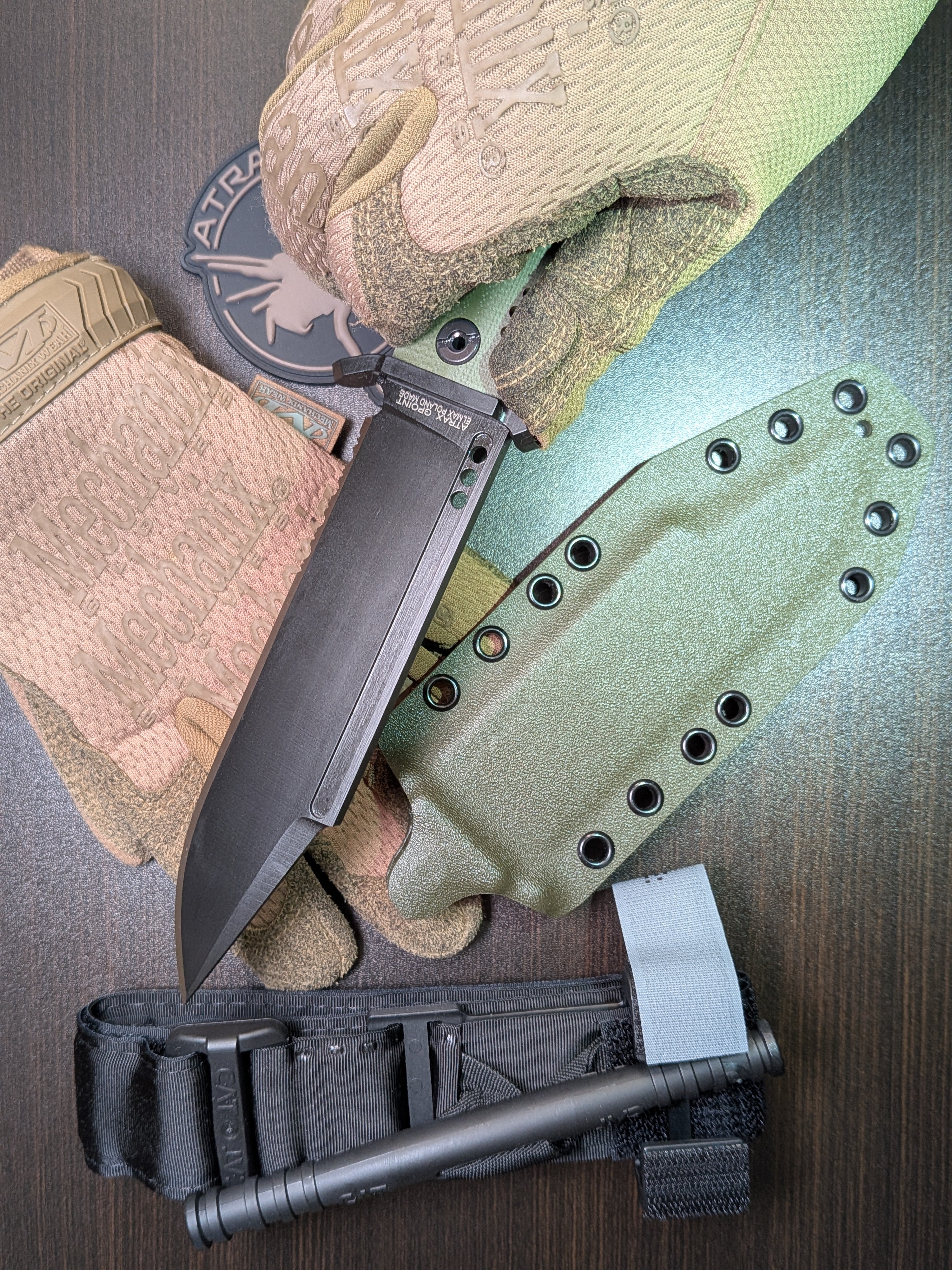 Atrax GPOINT Tactical Knife with OLIVE G10 HANDLE & Armor Black Cerakote steel finish