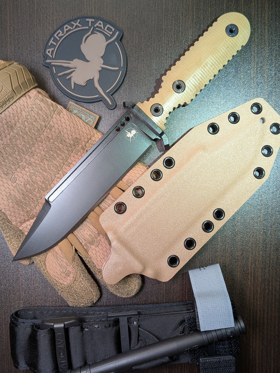 ATRAX GPOINT — nóż taktyczny, Armor Black Cerakote, brązowa rękojeść G10