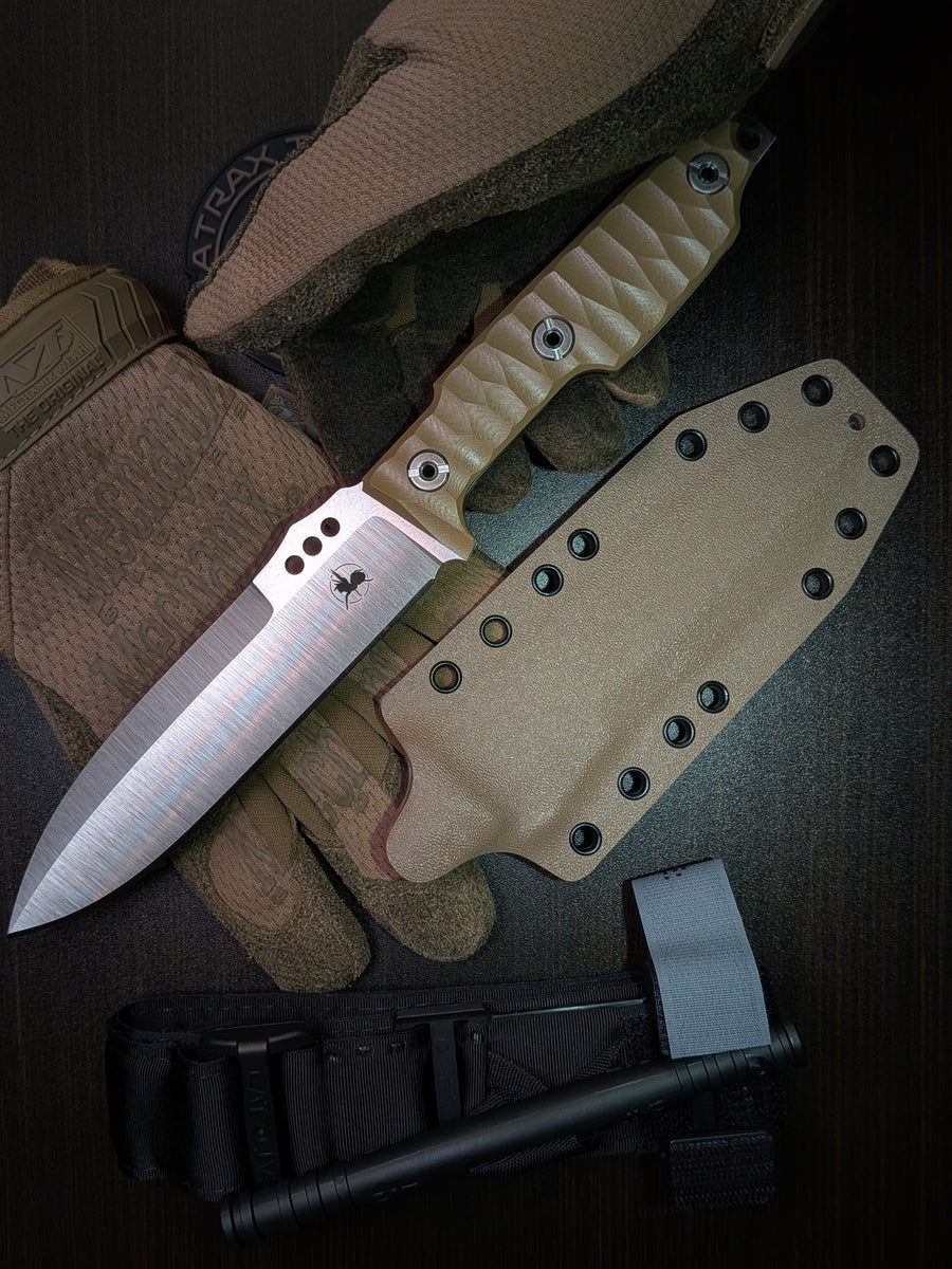 ATRAX NOXIOUS — nóż taktyczny, Silver Satin, brązowe okładziny G10