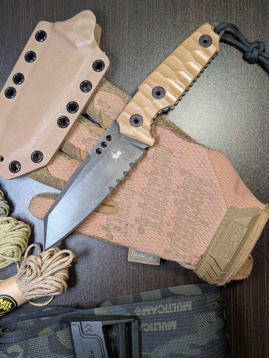 ATRAX ILLICIT — Stonewashed, brązowe G10, Kydex FDE i ząbkowanie