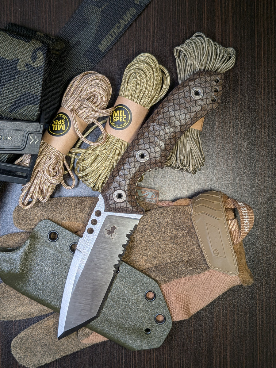 ATRAX BOA — Silver Satin, zielona Canvas Micarta, oliwkowy Kydex i ząbkowanie