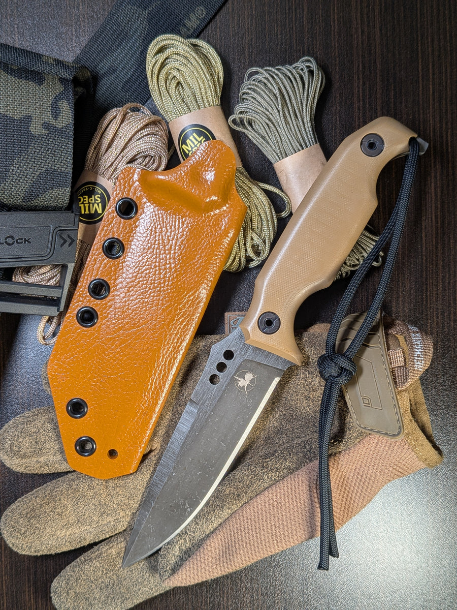 ATRAX MARDUK — nóż EDC, Stonewashed, brązowe G10, Kydex Desert Fox Raptor Skin