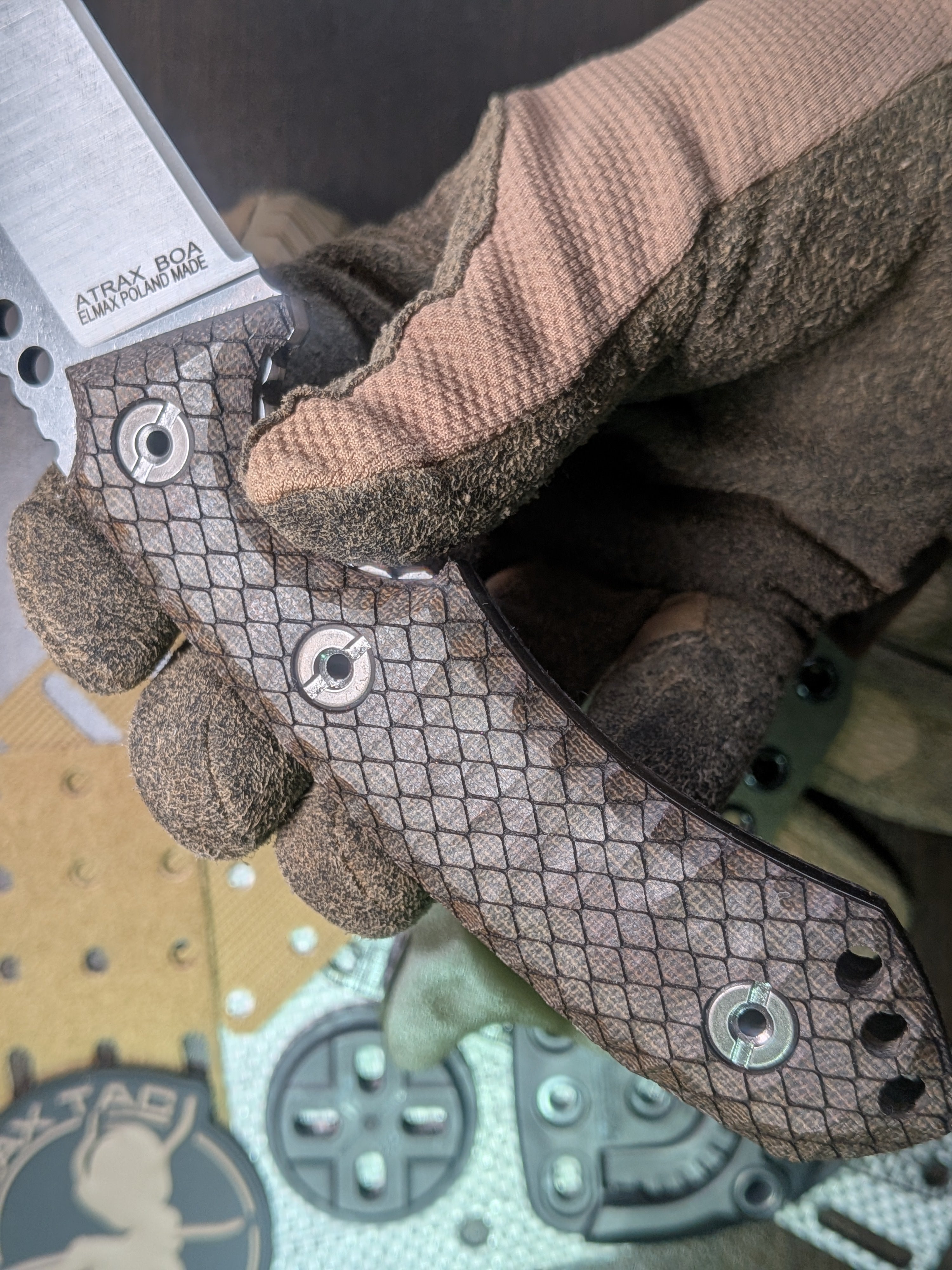 Atrax BOA Tactical Knife Silver satin with Green Canvas Micarta with snake skin patern