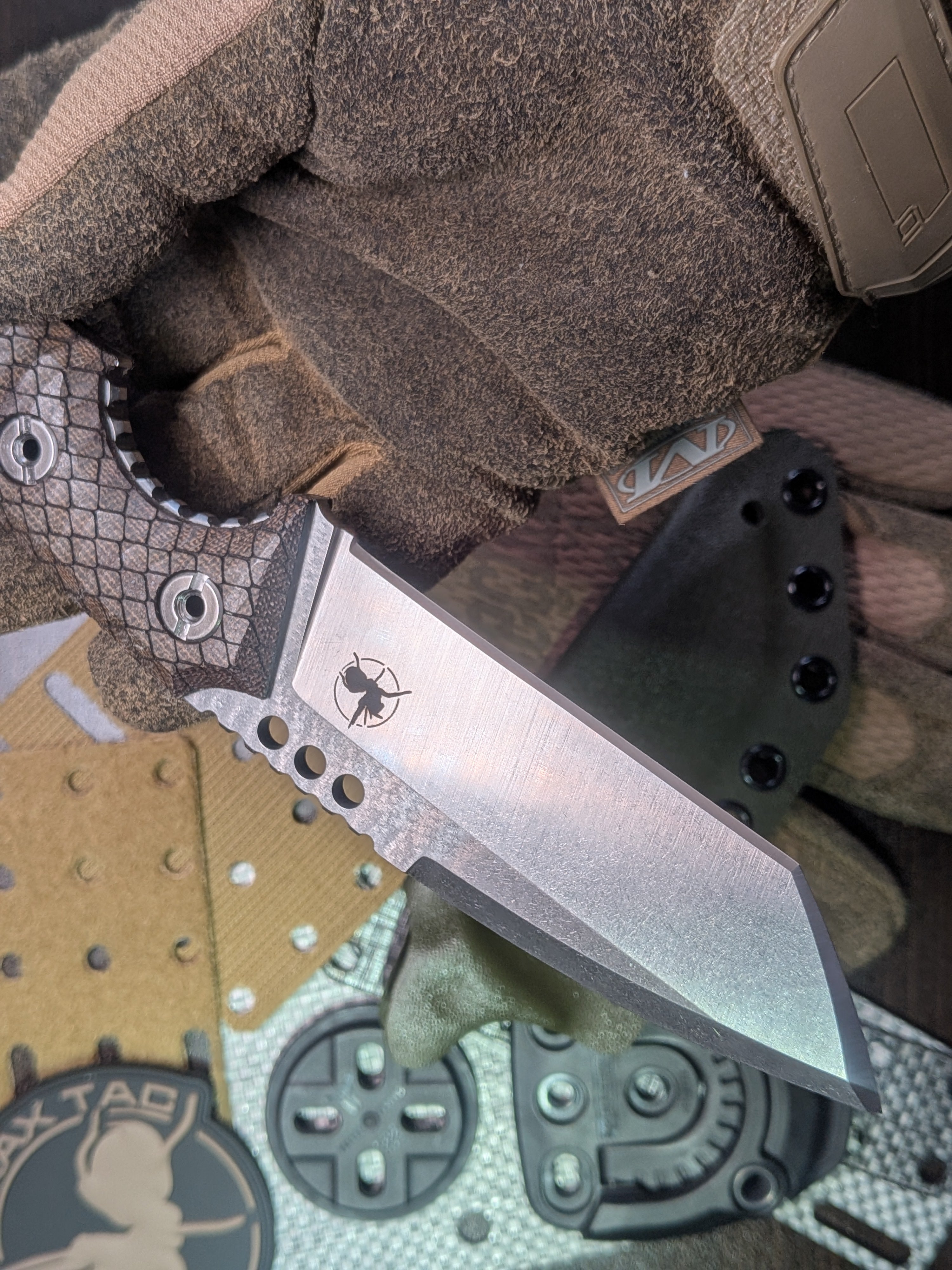 Atrax BOA Tactical Knife Silver satin with Green Canvas Micarta with snake skin patern