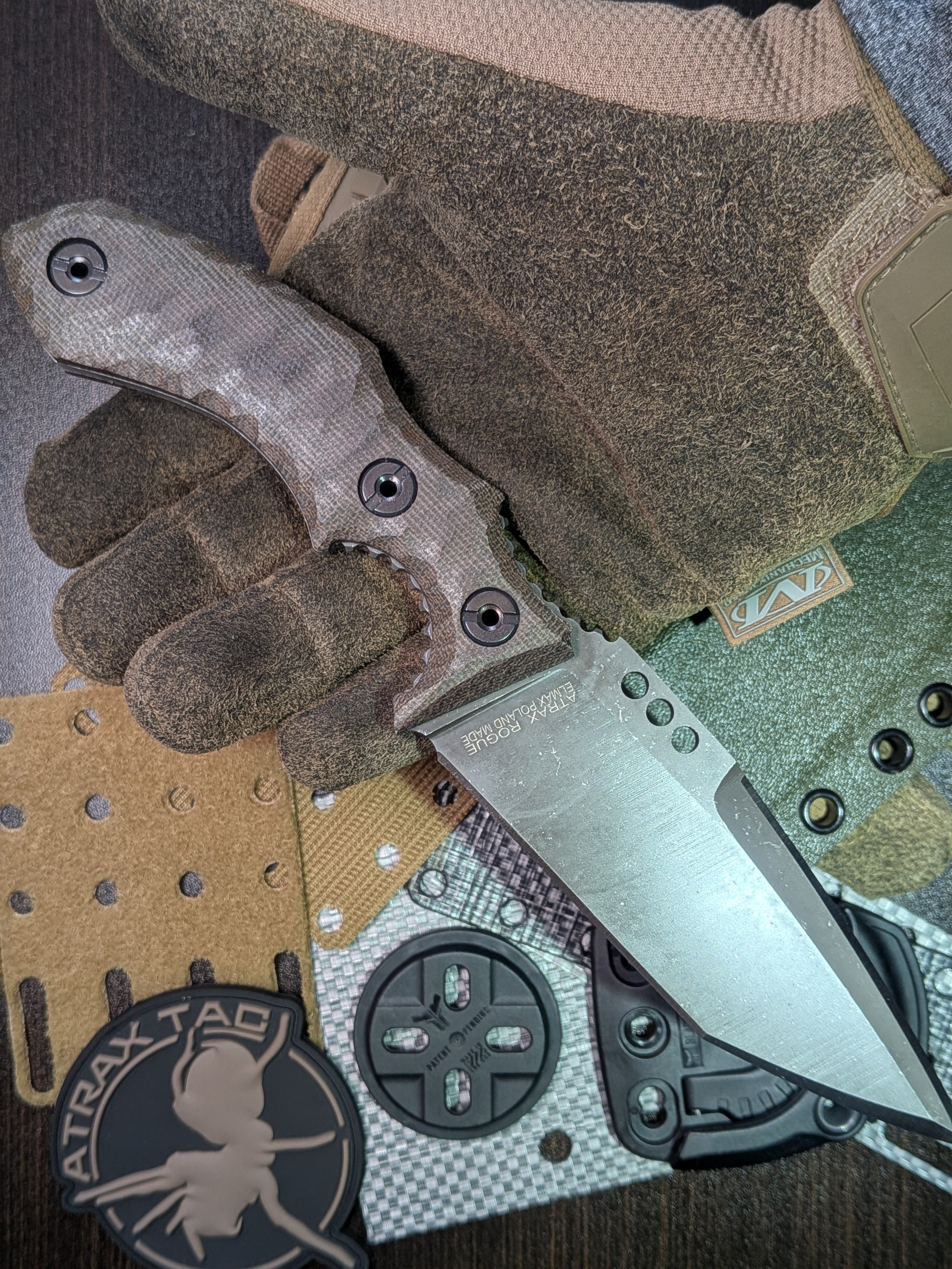 Atrax Rogue Stonewashed Tactical Knife with Green Canvas Micarta Handle