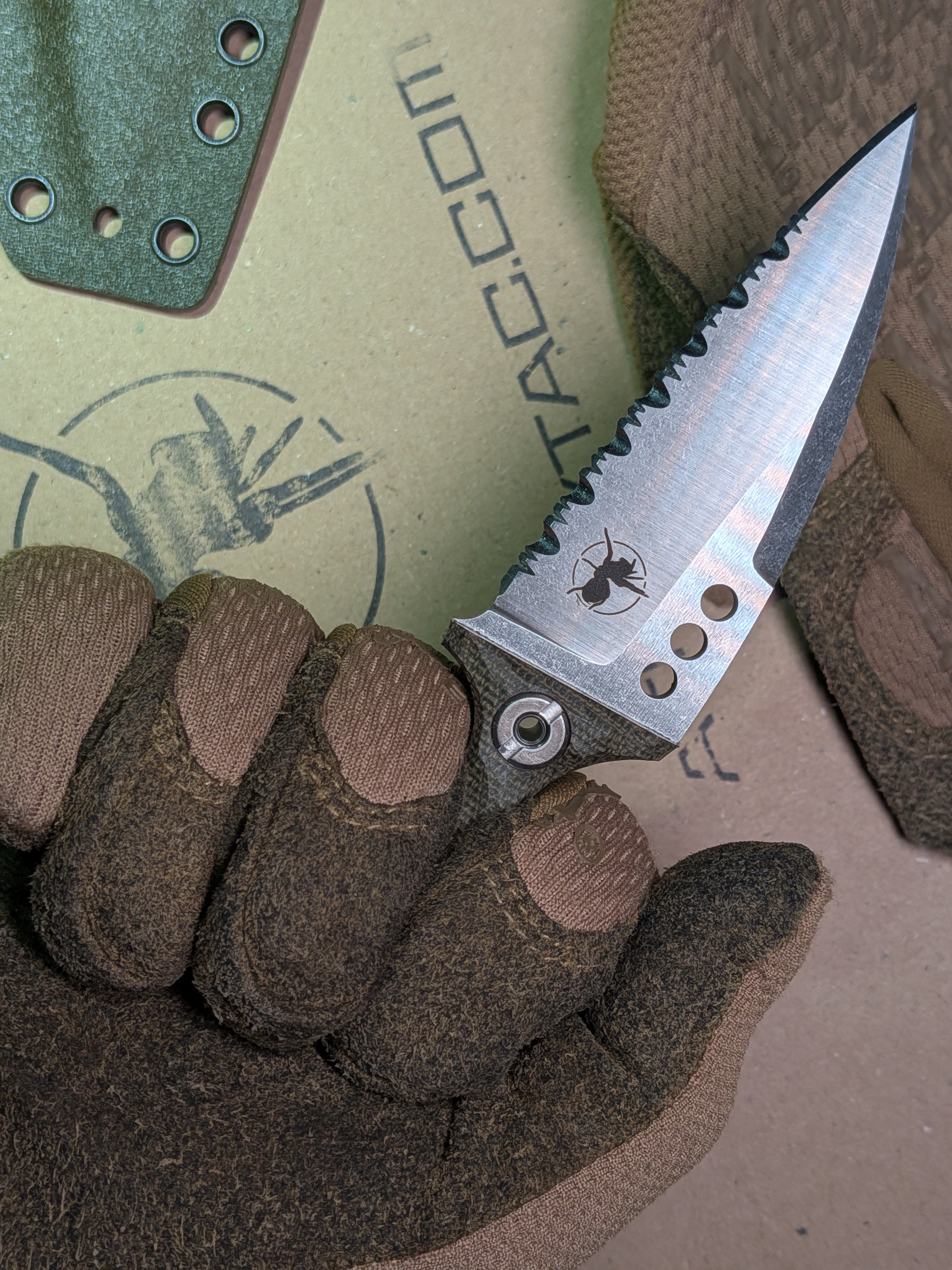 Atrax MORBIUS silver satin tactical Push Knife with green Handle and serration