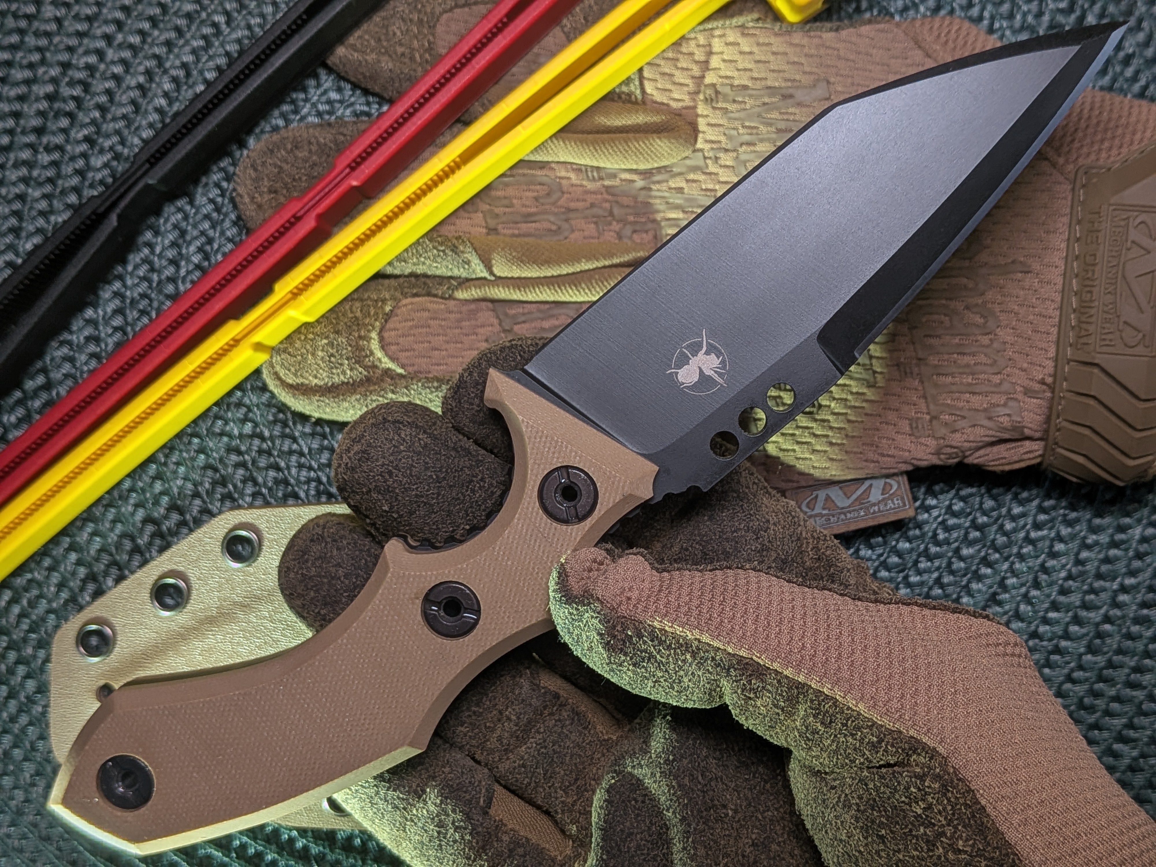 Atrax Rogue Armor black cerakote tactical knife with brown G10 Handle