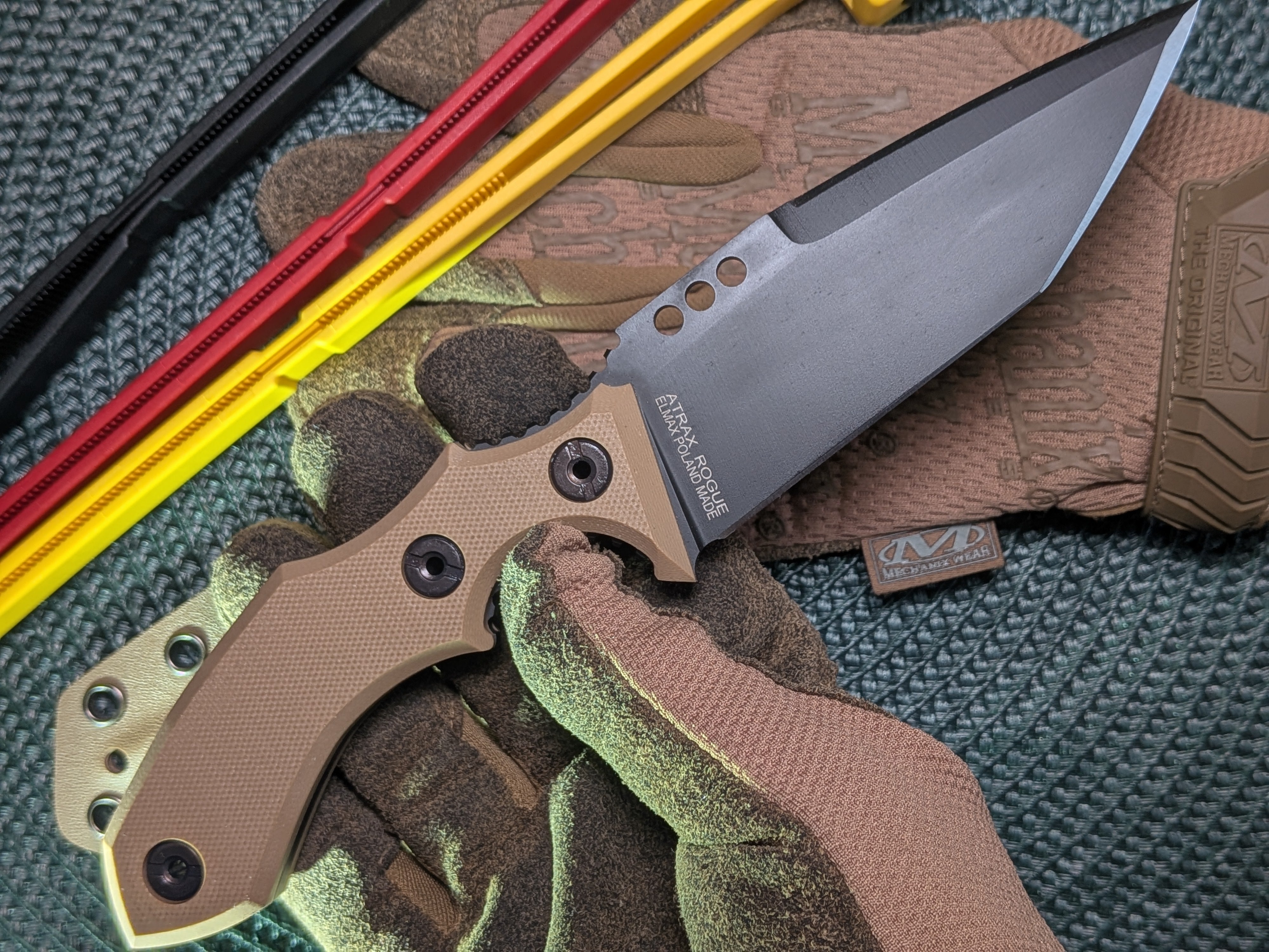 Atrax Rogue Armor black cerakote tactical knife with brown G10 Handle