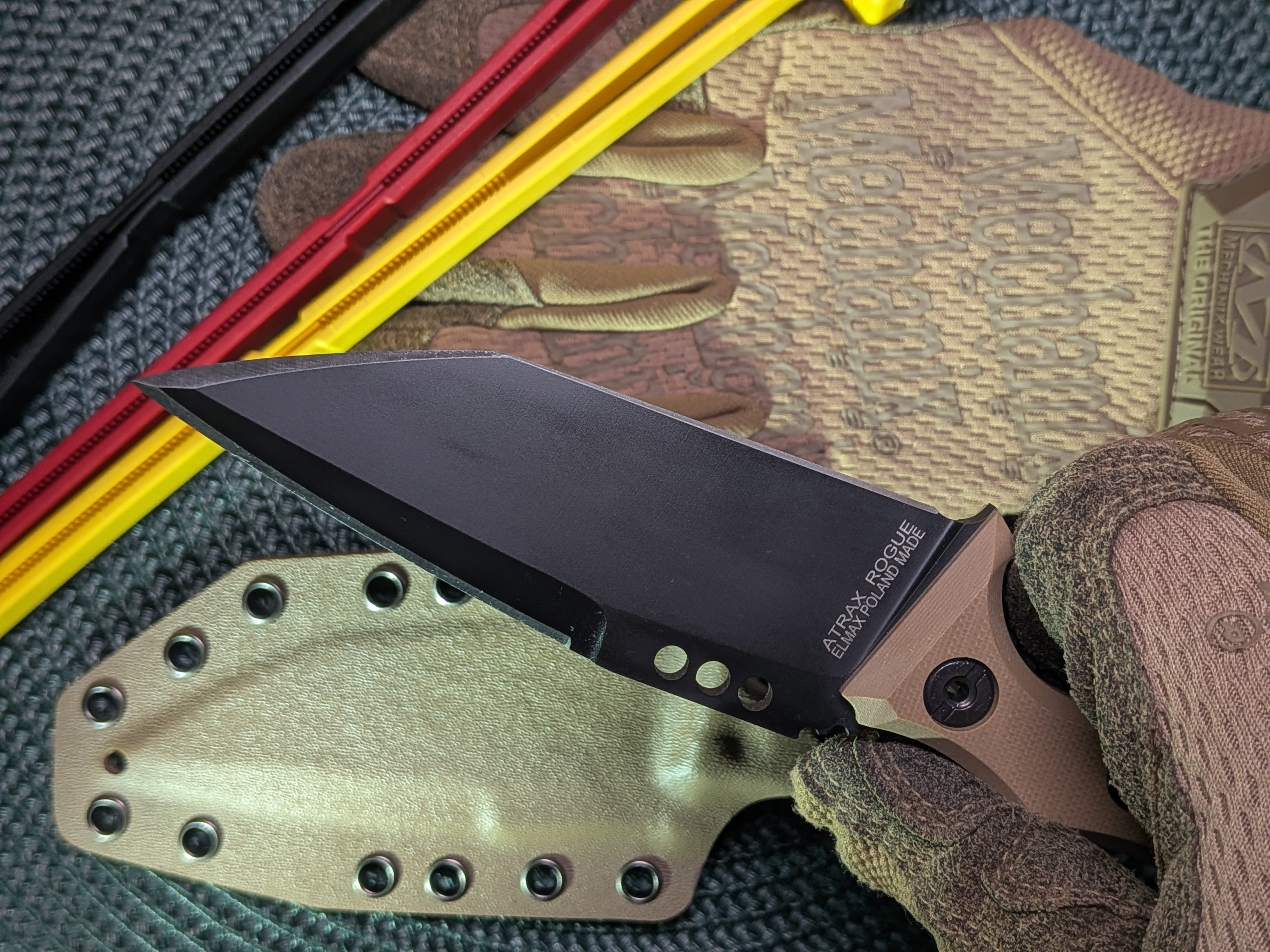 Atrax Rogue Armor black cerakote tactical knife with brown G10 Handle