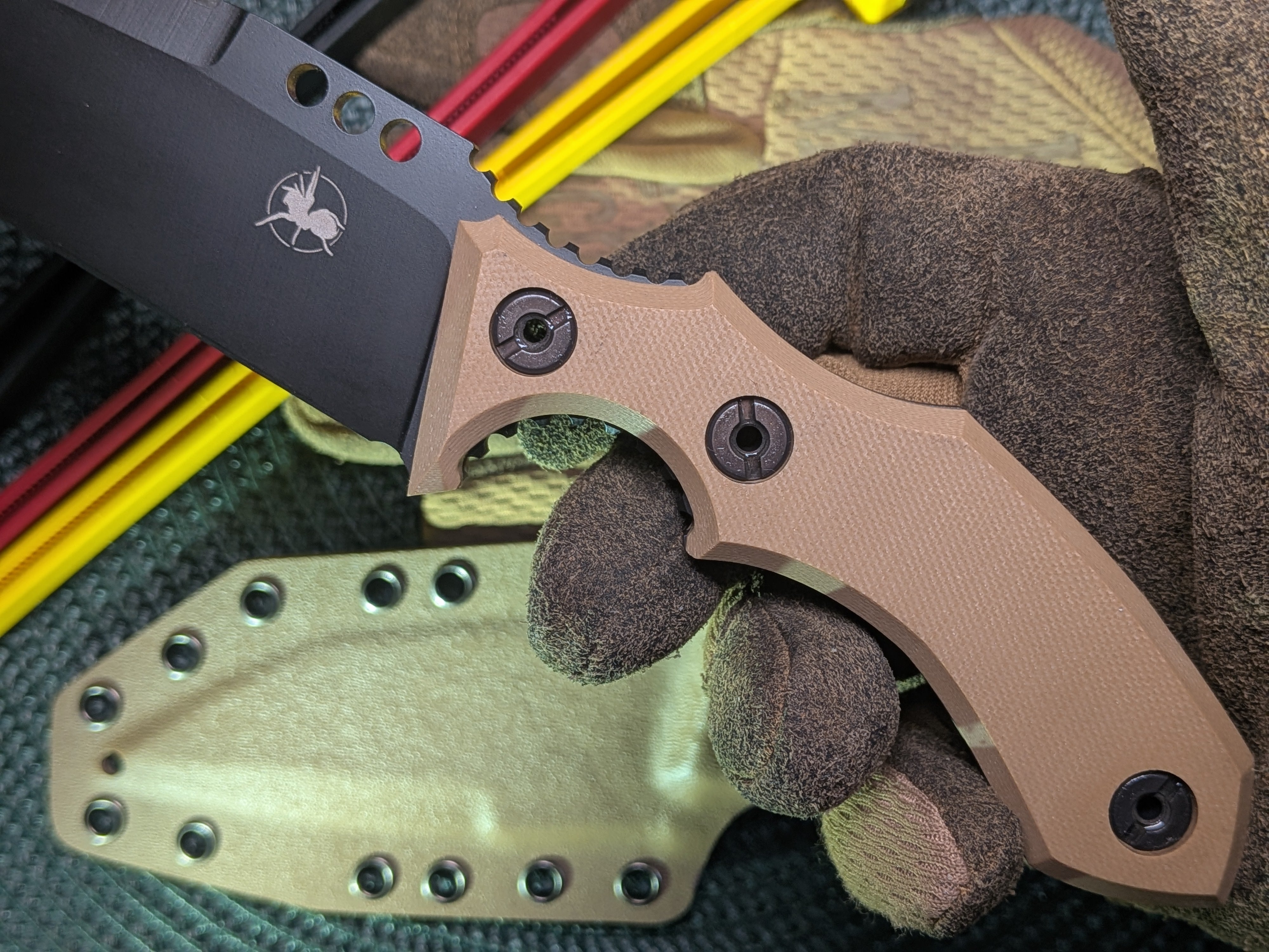 Atrax Rogue Armor black cerakote tactical knife with brown G10 Handle