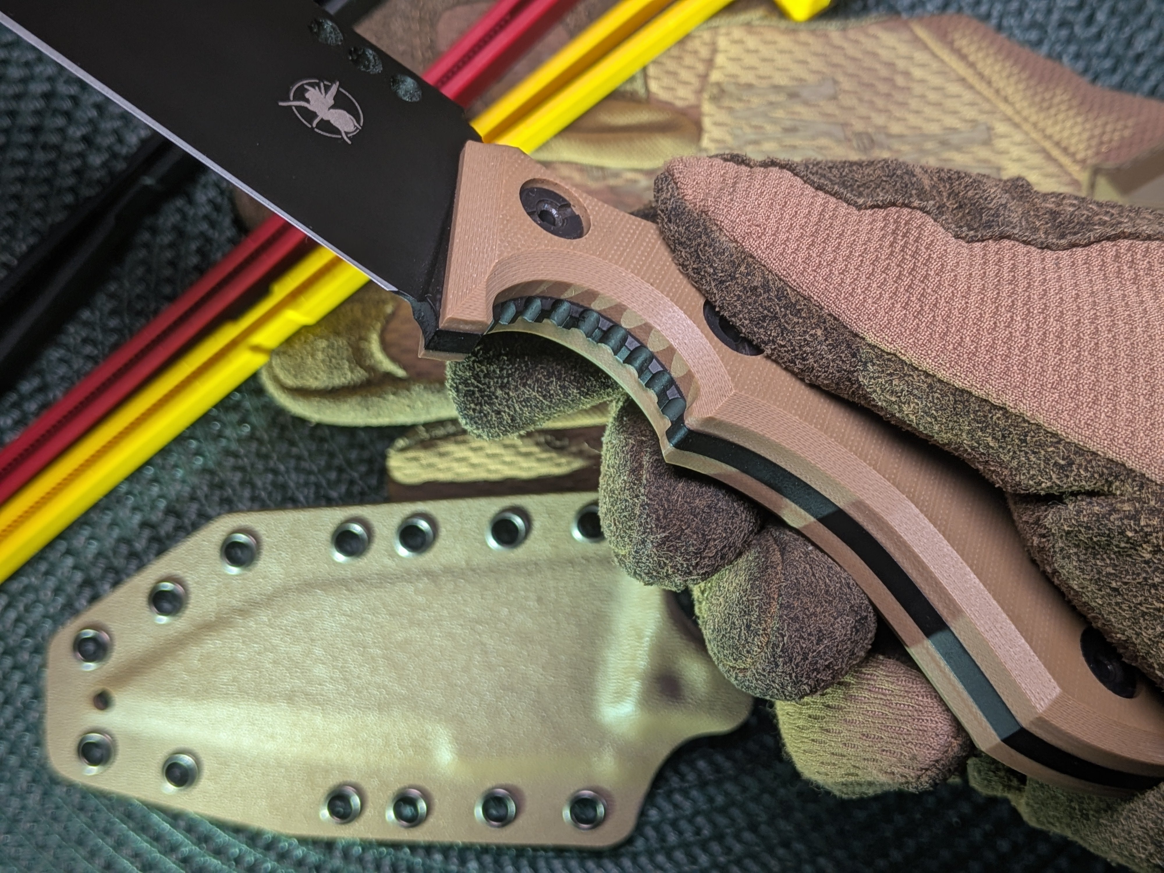 Atrax Rogue Armor black cerakote tactical knife with brown G10 Handle