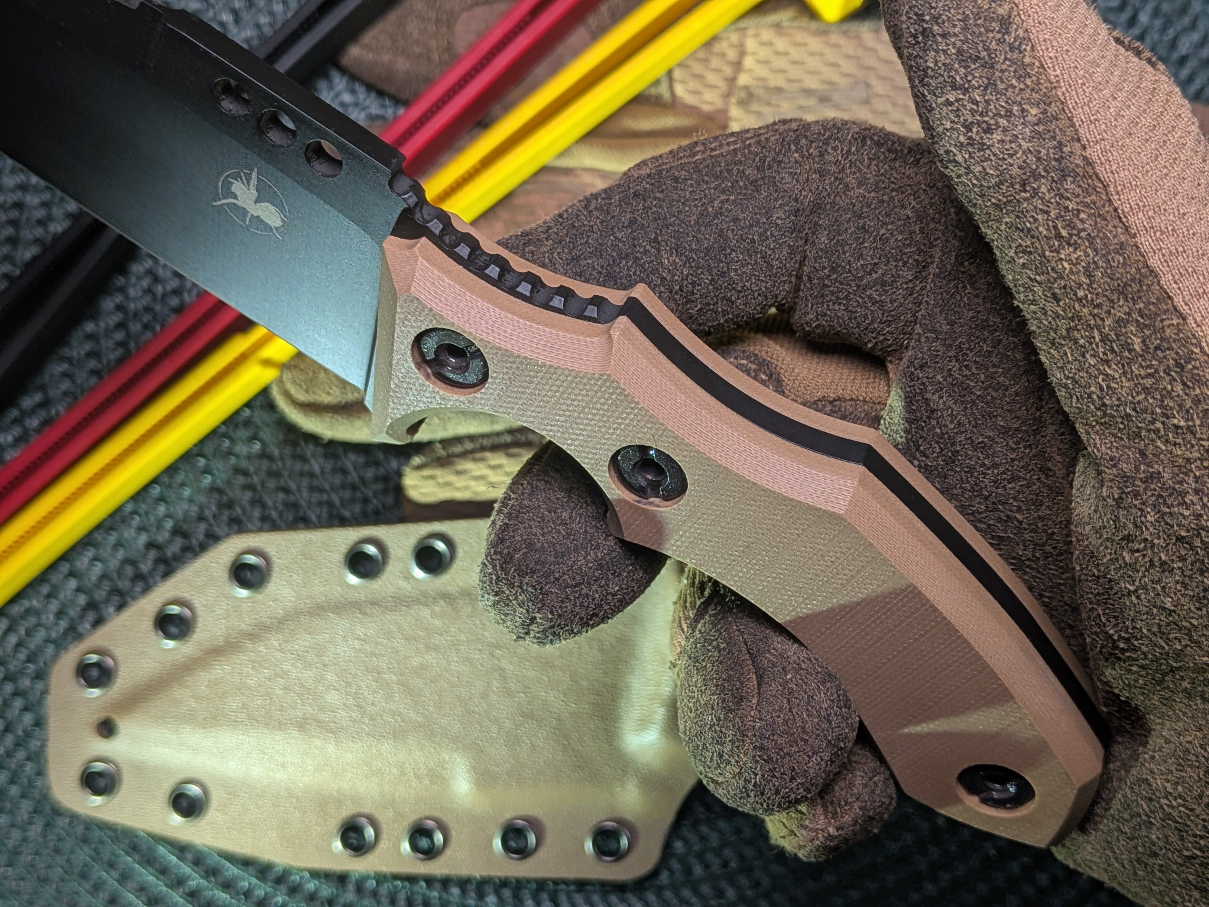 Atrax Rogue Armor black cerakote tactical knife with brown G10 Handle