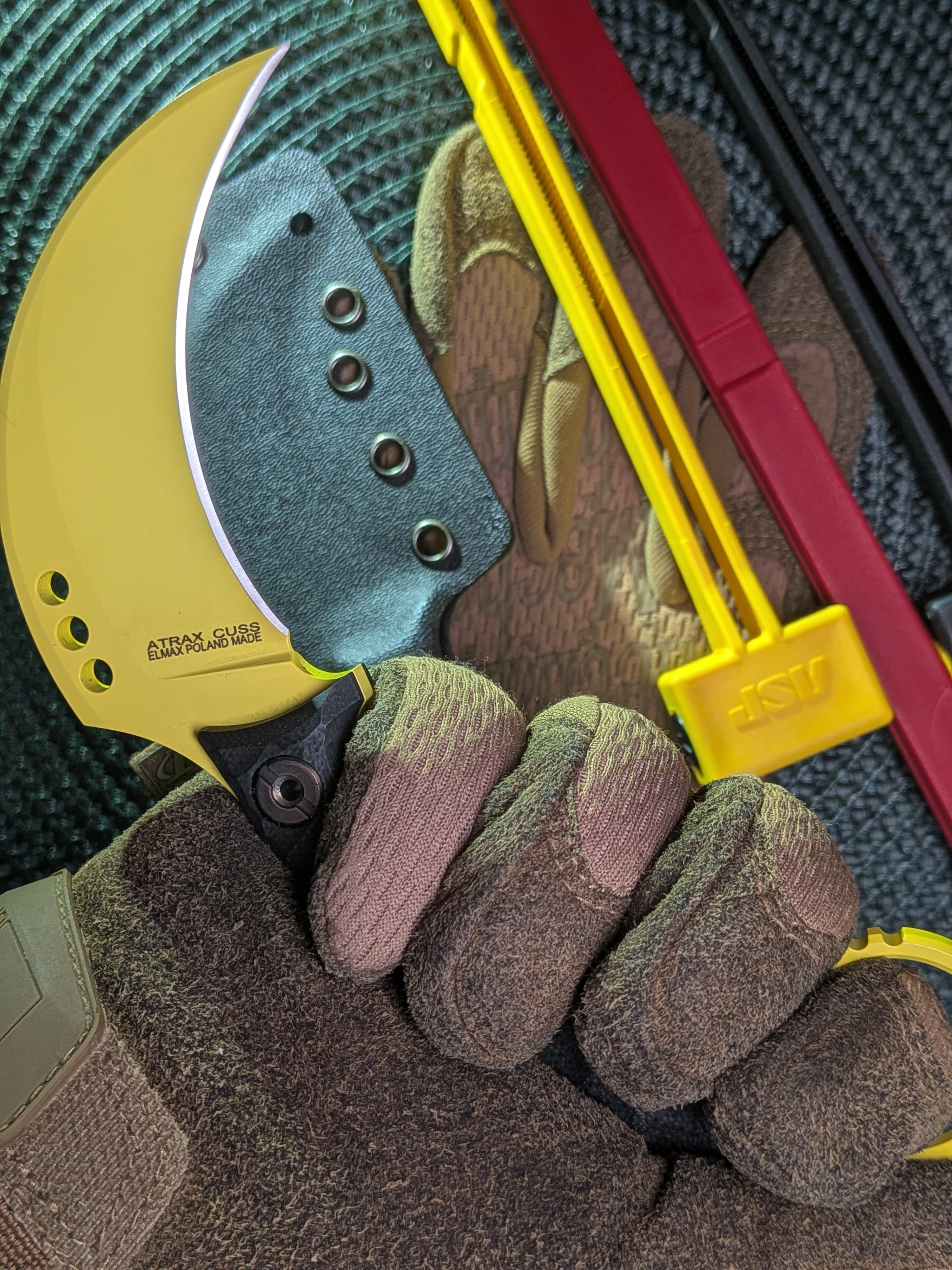 Atrax Cuss Karambit Knife with Black Handle & Lemon Zest Cerakote