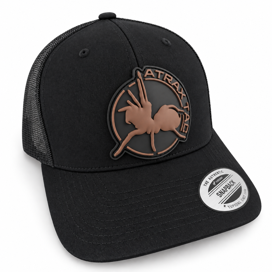 Black AtraxTac trucker cap with brown logo on white background