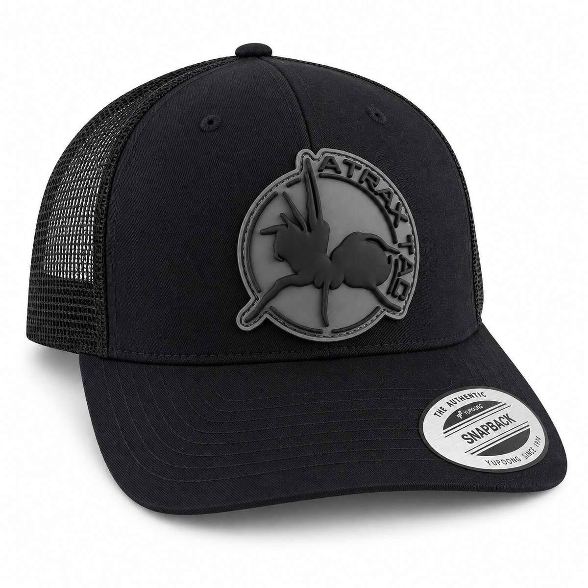 Black AtraxTac trucker cap with gray logo on white background