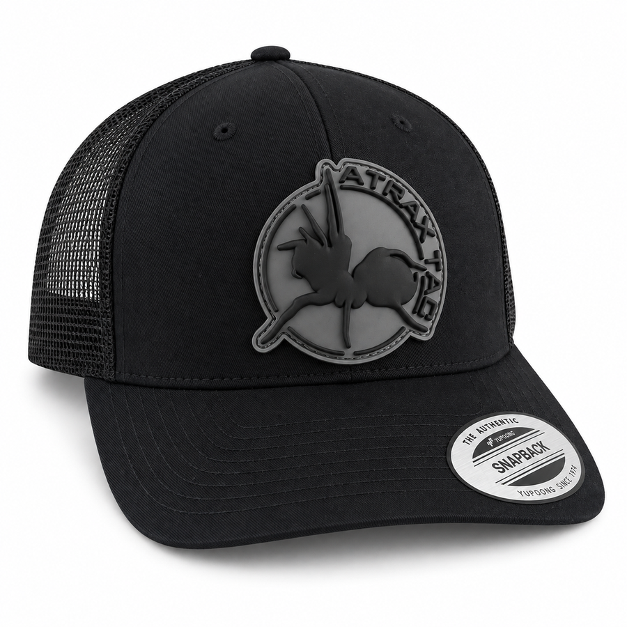 Black AtraxTac trucker cap with gray logo on white background