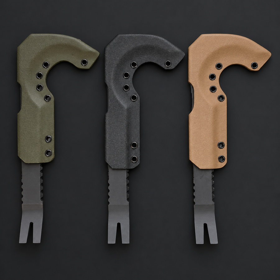 Olive, black and FDE pancake Kydex sheaths shown fitted to NFORCE tools