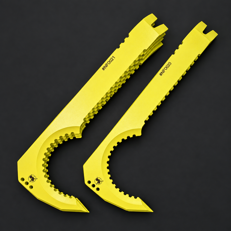 Atrax NFORCE rescue pry bars in Lemon Zest Cerakote on a graphite background